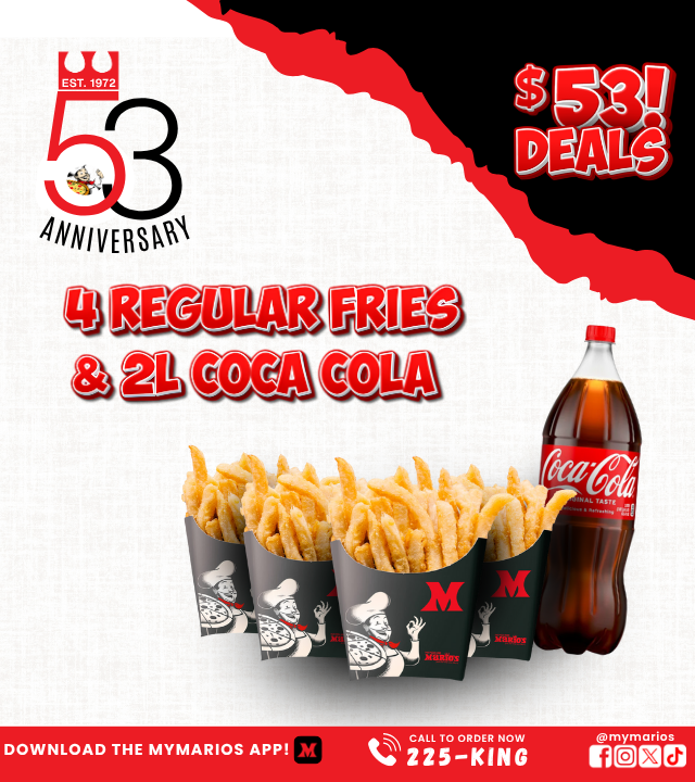 53rd Anniversary- 4 Regular Fries & 2L Coca Cola